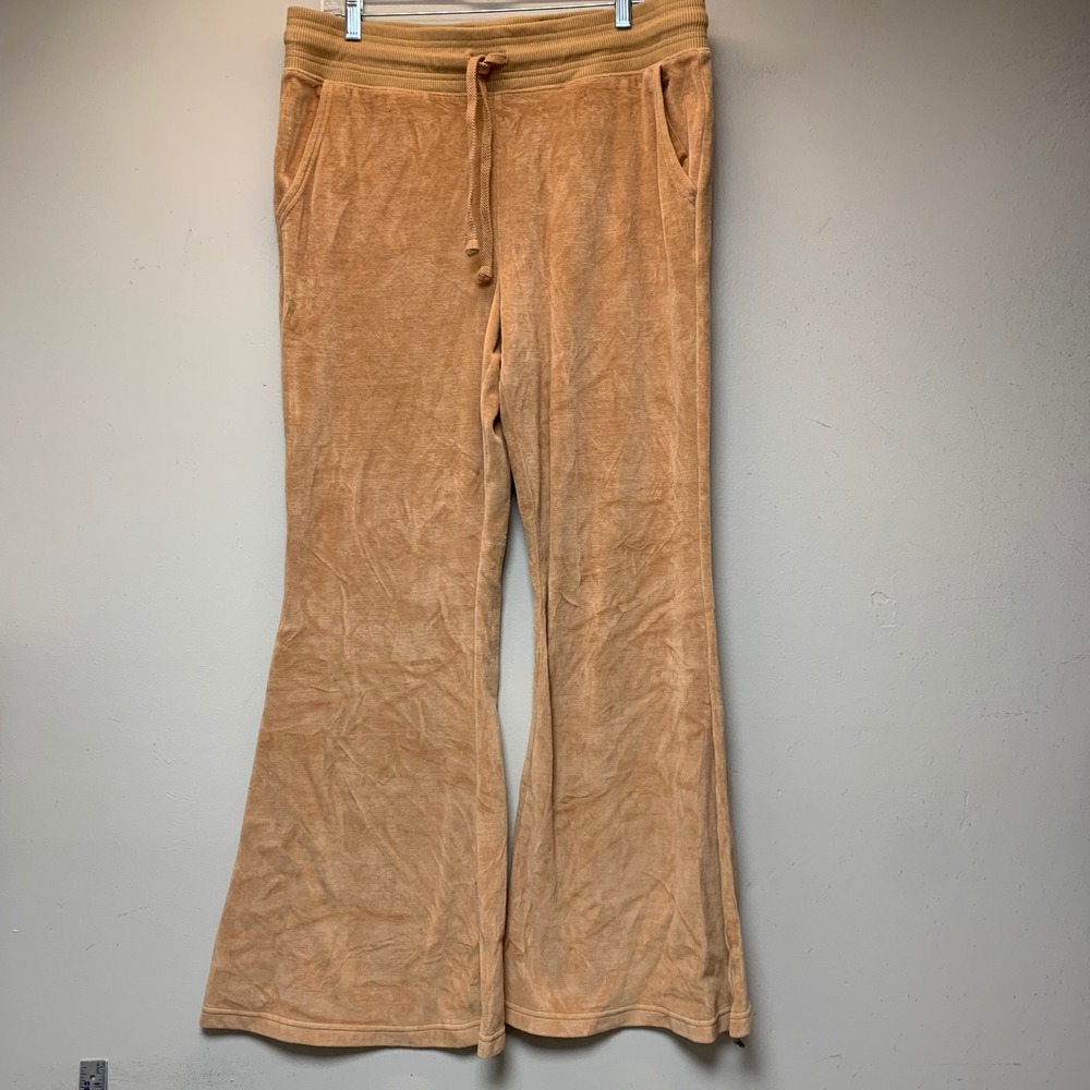 Aerie Lounge Pants Women XL Tan Excellent Velour Flare Wide Leg Drawstring